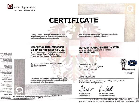 China Changzhou Hetai Motor And Electric Appliance Co., Ltd. certificaten