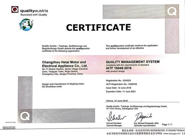 China Changzhou Hetai Motor And Electric Appliance Co., Ltd. certificaten